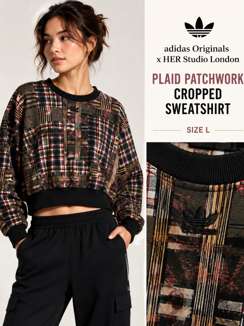adidas Originals x HER Studio London
Plaid Patchwork Cropped Sweatshirt Size Lg